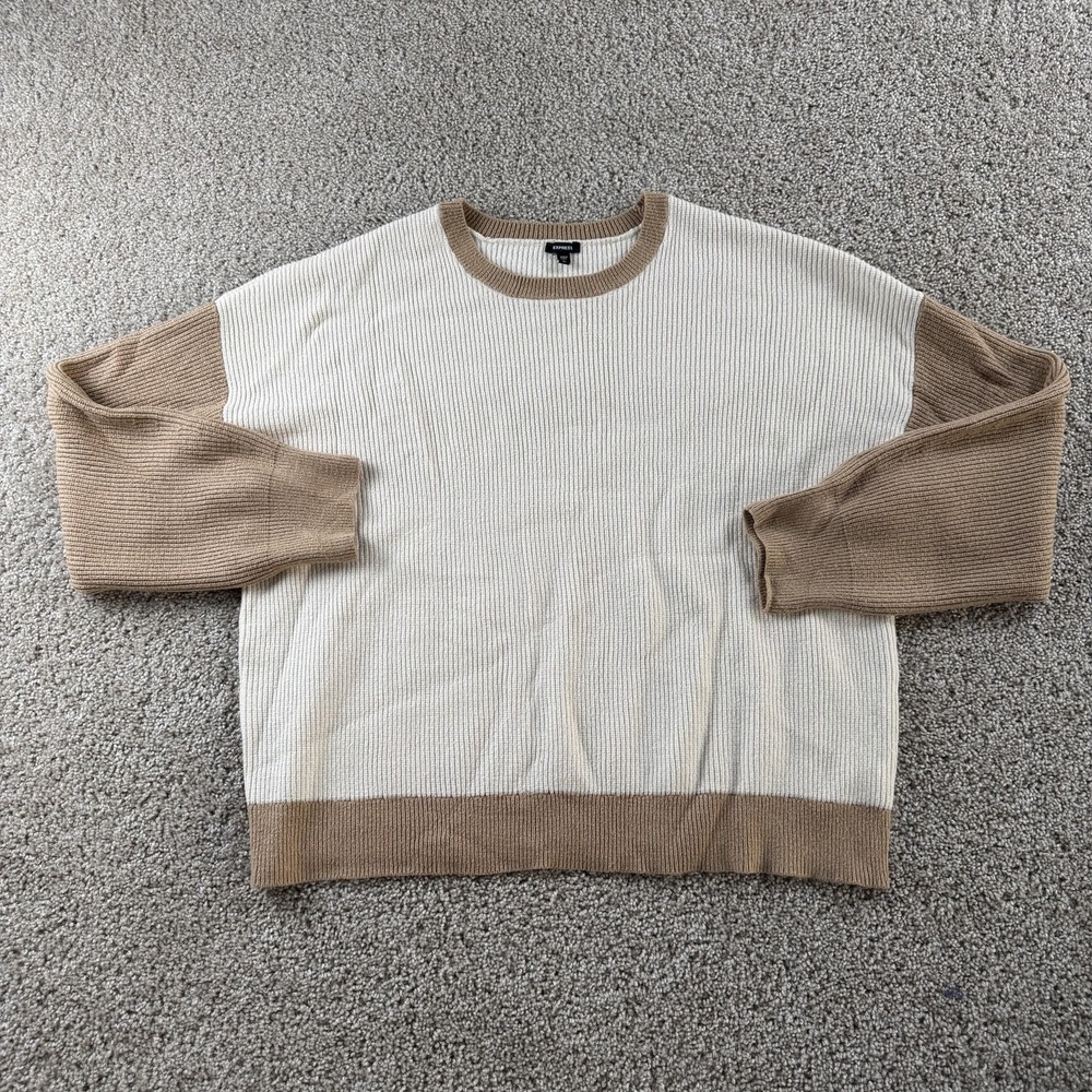 Express Sweater Womens XL White Tan Knit Crewneck Pullover Relaxed Fit Casual